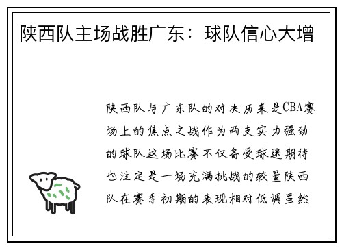 陕西队主场战胜广东：球队信心大增