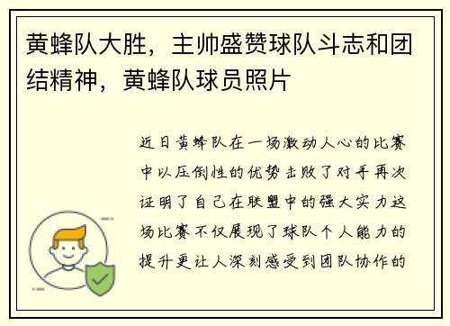 黄蜂队大胜，主帅盛赞球队斗志和团结精神，黄蜂队球员照片