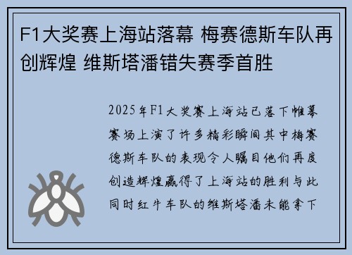 F1大奖赛上海站落幕 梅赛德斯车队再创辉煌 维斯塔潘错失赛季首胜