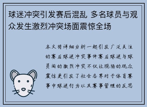 球迷冲突引发赛后混乱 多名球员与观众发生激烈冲突场面震惊全场 球迷冲突引发赛后混乱 多名球员与观众发生激烈冲突场面震惊全场